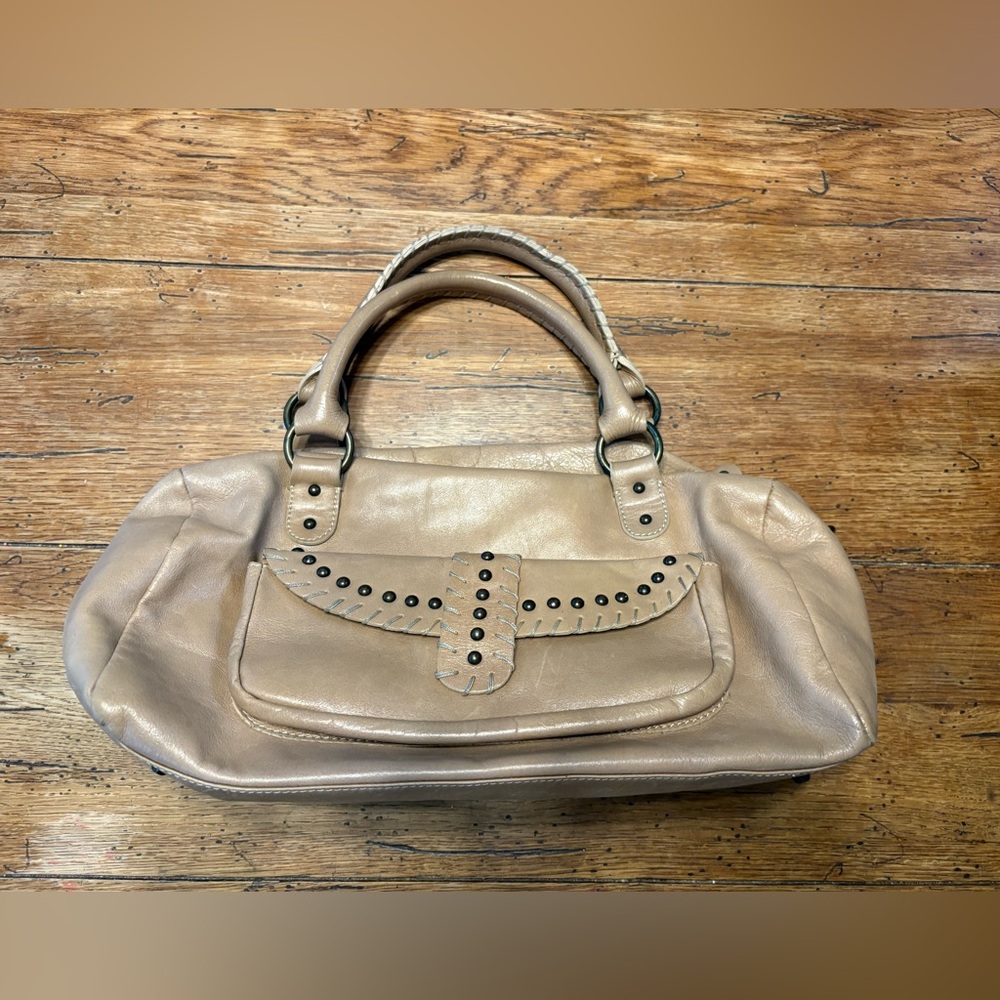 Buttery Tan Soft  Italian Leather Shoulder Slouchy Studded Y2K Baguette - Picture 2 of 8